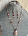 FLOWER AGATE, CLEAR QUARTZ, FIRE QUARTZ & PEACH MOONSTONE JEWELRY SET