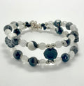 ORCA AGATE LARVAKITE, WHITE FACET QUARTZ , CZECH GLASS FLOWER DOUBLE ROW BRACELET SIZE 7-7.5IN