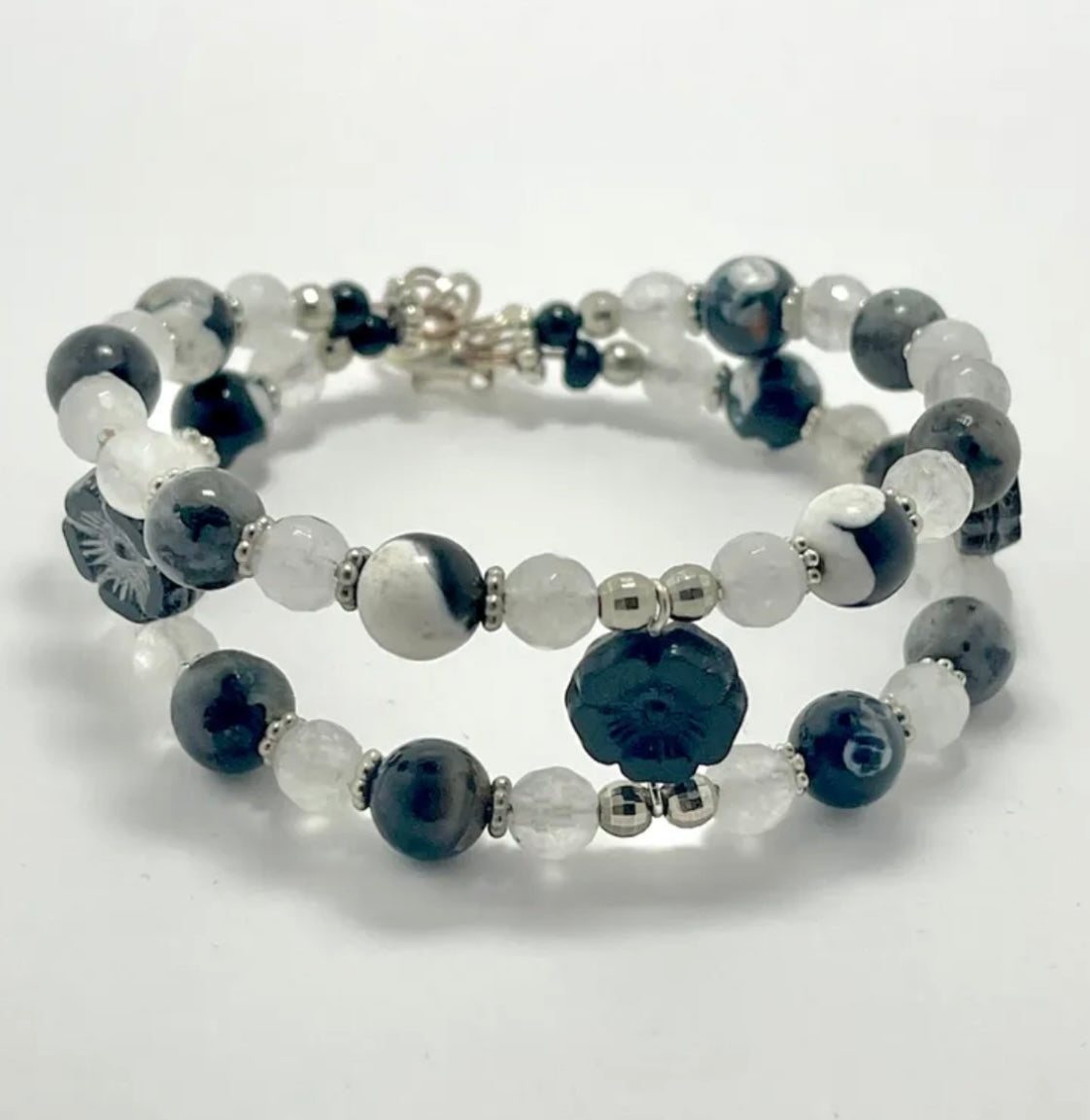 ORCA AGATE LARVAKITE, WHITE FACET QUARTZ , CZECH GLASS FLOWER DOUBLE ROW BRACELET SIZE 7-7.5IN