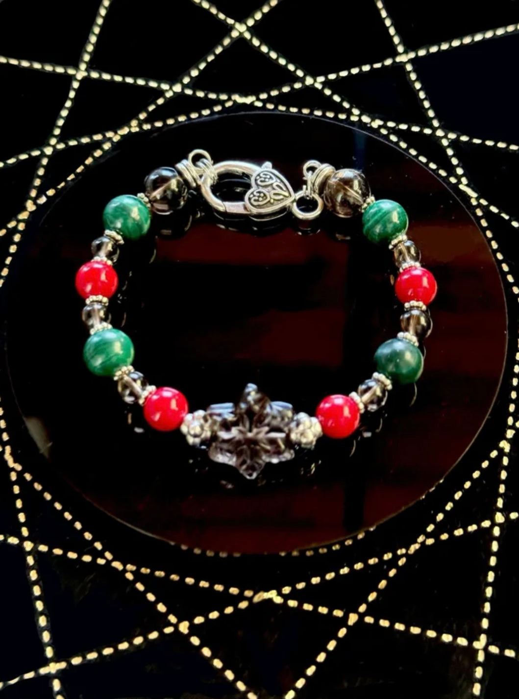 MALACHITE SMOKY QUARTZ RED CORAL ICED OBSIDIAN BRACELET SIZE 7.5”
