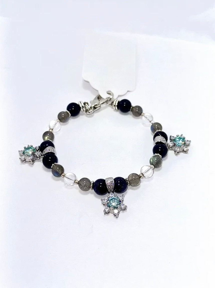LABRADORITE , SANDSTONE , CLEAR QUARTZ & MOISONITE BRACELET SIZE 7.5”