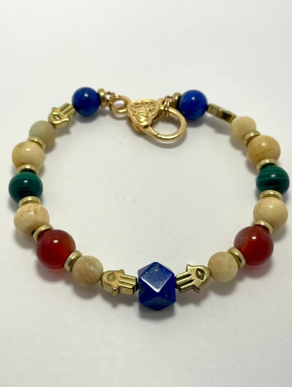 AGATE, CALCITE, CARNELIAN, LAPIS LAZULI & MALACHITE BRACELET SIZE 7-7.5”