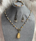 GOLDEN HEALER, CLEAR QUARTZ, FIRE QUARTZ, MEXICAN BAND CALCITE & QUEEN SHELL JEWELRY SET