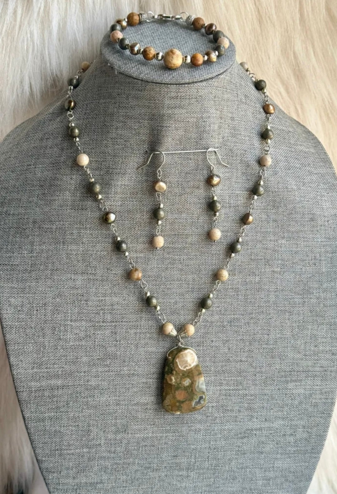 CORAL JASPER, RHYOLITE, PEAR, PYRITE & PICTURE JASPER JEWELRY SET