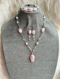 ROSE & CLEAR QUARTZ NECKLACE EARRINGS & BRACELET SET